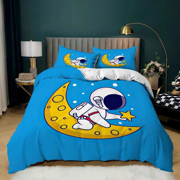 Astronaut Duvet Cover Set King Size Cartoon Astronaut Star Moon Pattern Bedding Set Microfiber Space Theme Full Twin Quilt Cover